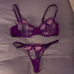 Purple Pink Floral Sheer Lace Lingerie Set